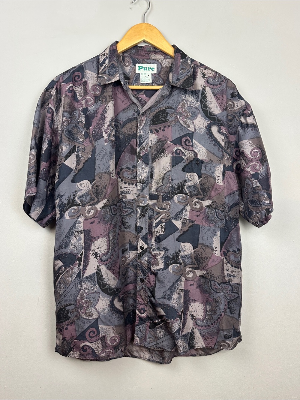 PURE Men’s 100% Silk Vintage Short Sleeve Button Down Shirt